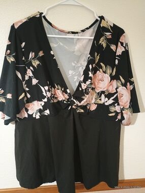 Black Floral V-Neck Twist-Front Blouse with Pink Rose Print